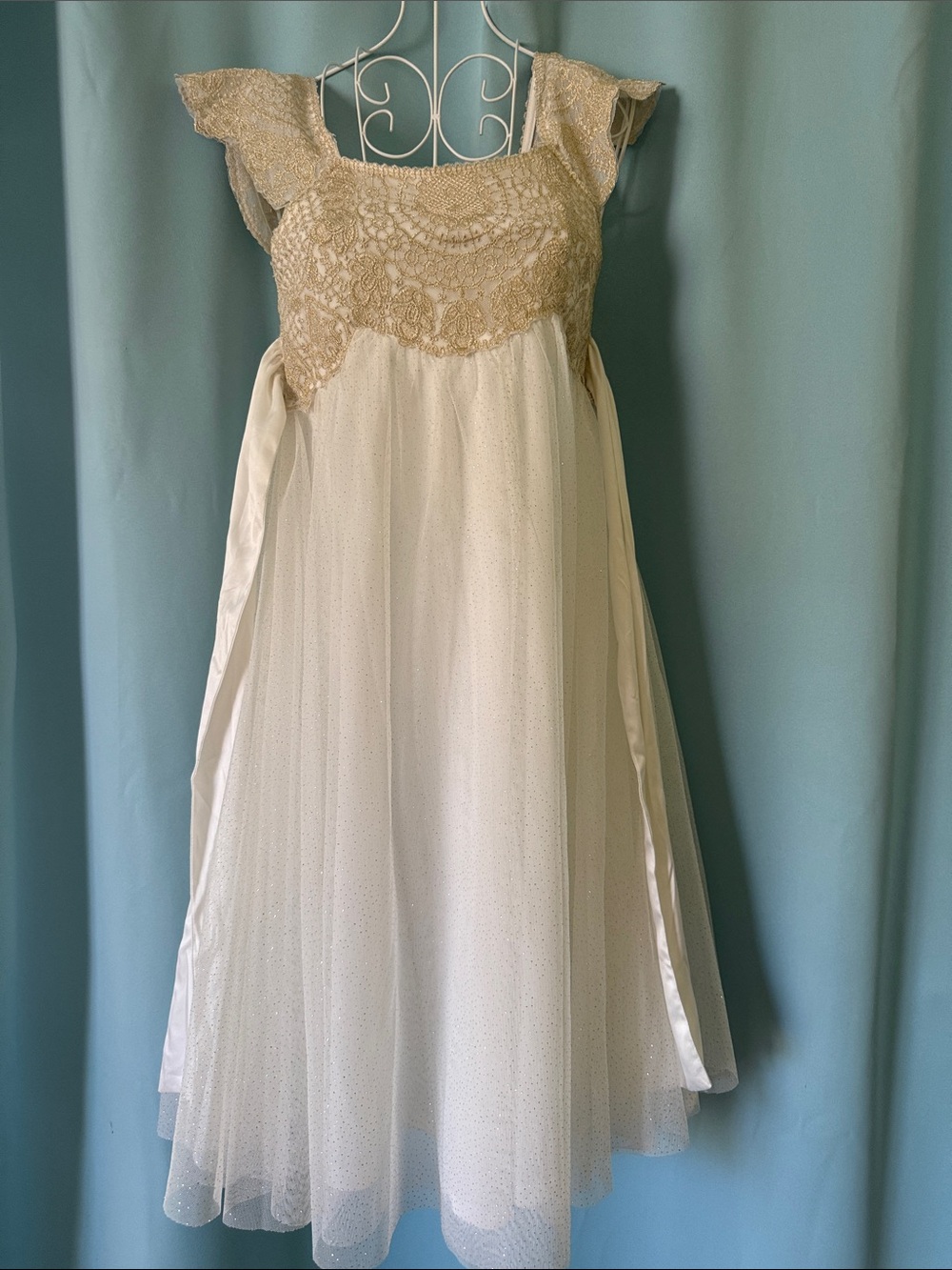 Girls' Ivory Dress with Gold Lace Bodice - Formal Occasion